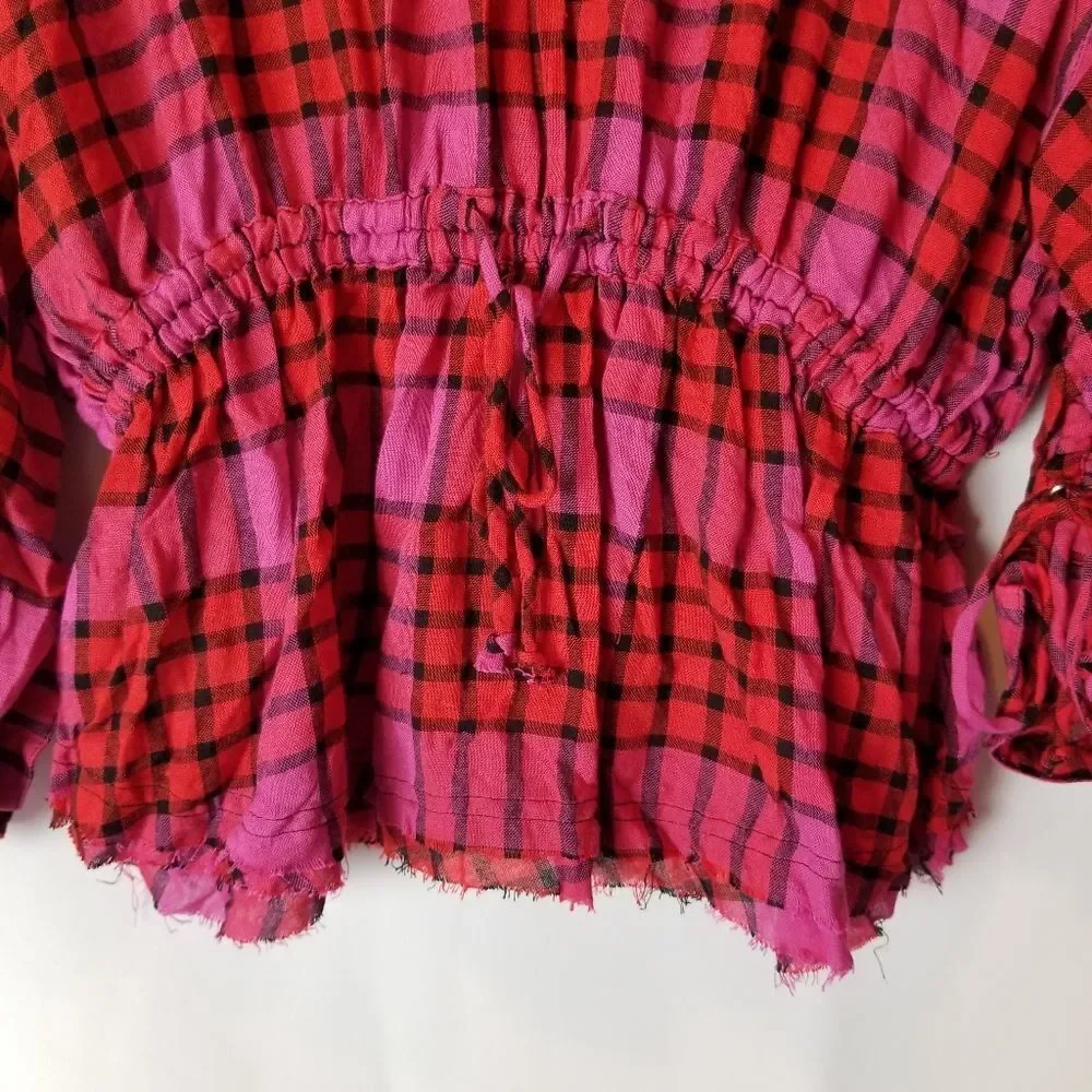 Free People We The Free Red Combo Pacific Dawn Button Down Plaid Shirt Sz‎ M NWT